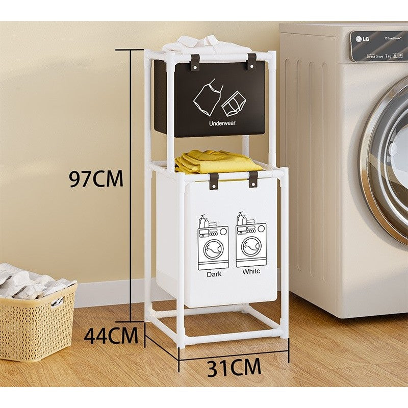 Cos de Rufe cu 2 Etaje si 2 Cosuri Detasabile, Organizator Haine Murdare, Cadru Otel Inoxidabil si Plastic PP, 97x44x31 cm, Alb