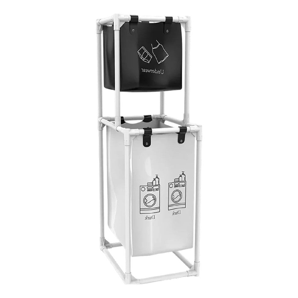 Cos de Rufe cu 2 Etaje si 2 Cosuri Detasabile, Organizator Haine Murdare, Cadru Otel Inoxidabil si Plastic PP, 97x44x31 cm, Alb