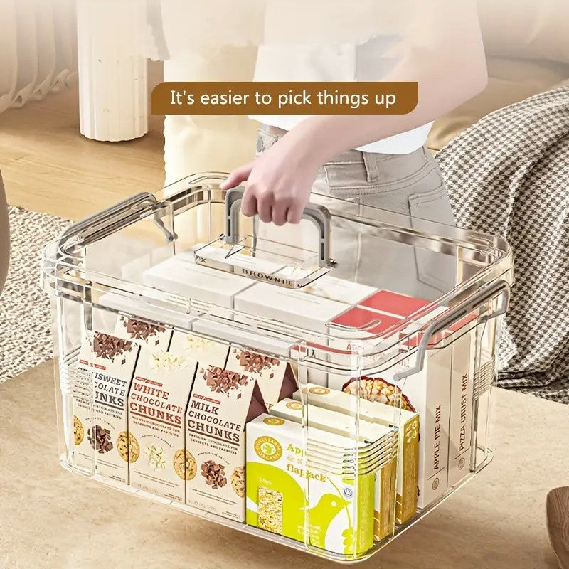 Cutie Depozitare Tip Valiza cu Capac Etans, Organizator Alimente si Jucarii, Plastic PP Rezistent, Transparent-Gri, Marime S, 24x17x13.5 cm