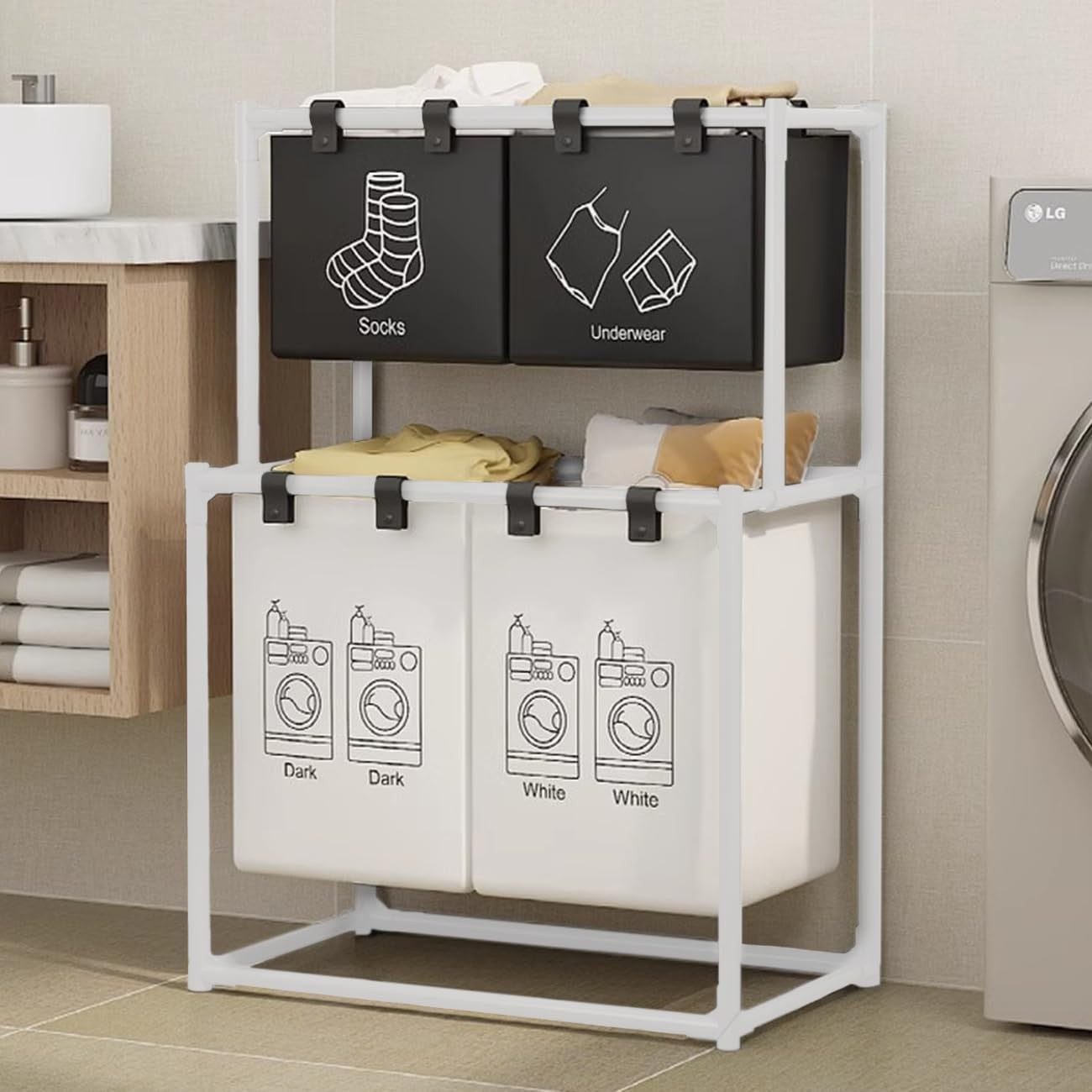 Cos de Rufe cu 2 Etaje si 4 Cosuri Detasabile, Organizator Haine Murdare, Cadru Otel Inoxidabil si Material Netesut, 97x44x57 cm, Alb