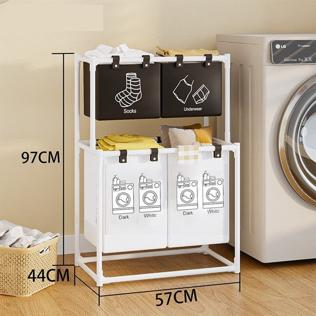 Cos de Rufe cu 2 Etaje si 4 Cosuri Detasabile, Organizator Haine Murdare, Cadru Otel Inoxidabil si Material Netesut, 97x44x57 cm, Alb