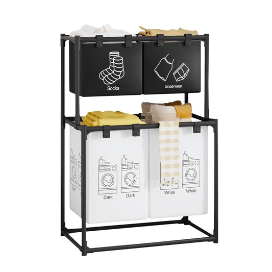 Cos de Rufe cu 2 Etaje, Organizator Haine Murdare cu 4 Cosuri, Cadru din Otel Inoxidabil si Plastic, 97x44x57 cm, Negru