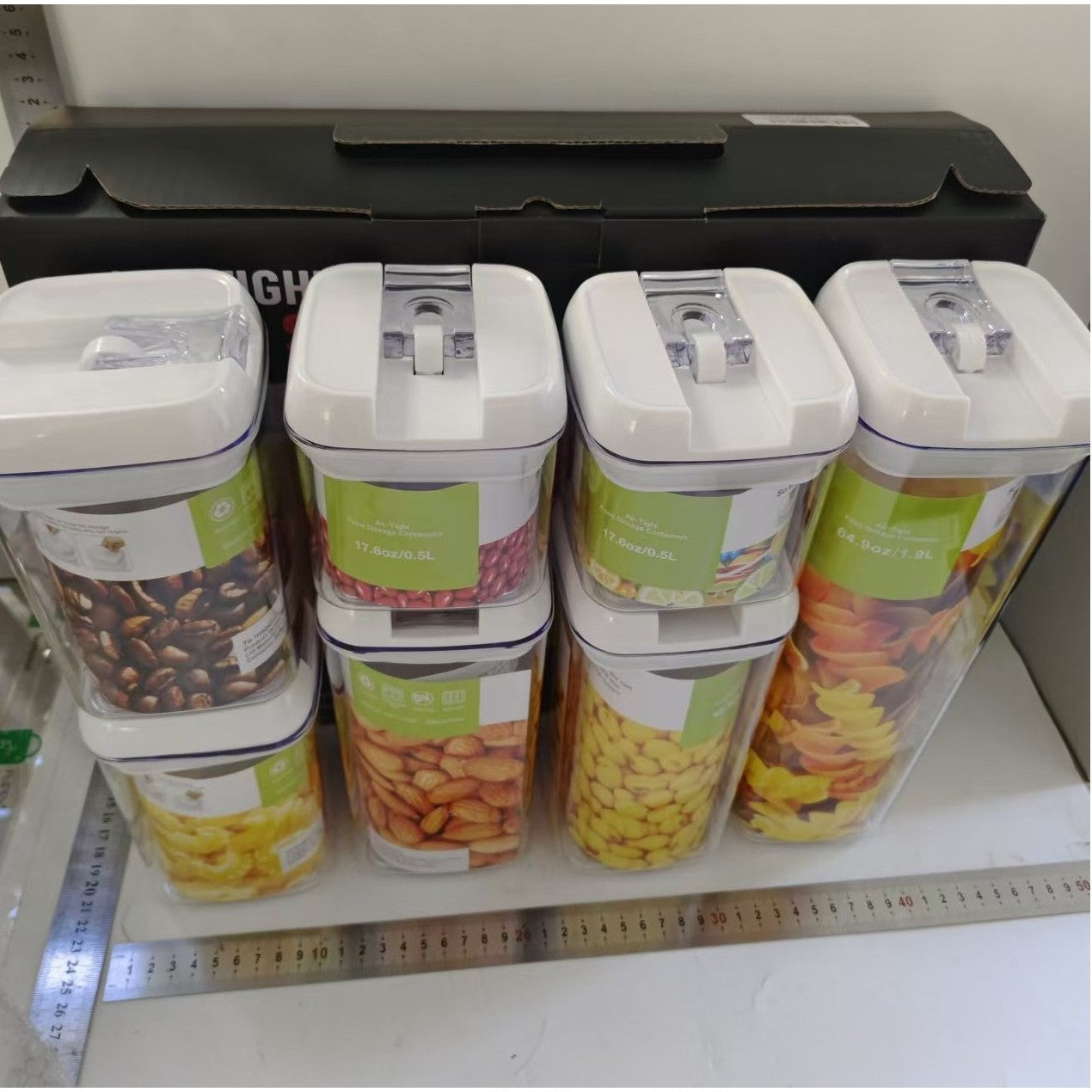 Set 7 Recipiente Depozitare Alimente, Inchidere Ermetica si Design Stivuibil, Plastic Transparent, Capace Albe, 0.5L - 1.9L