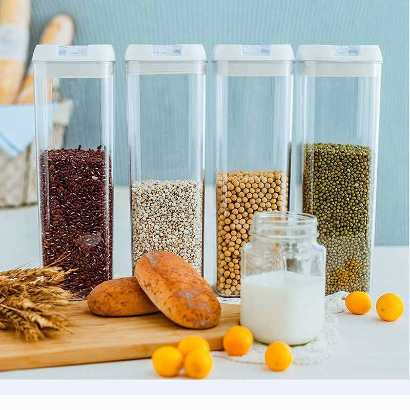 Set 7 Recipiente Depozitare Alimente, Inchidere Ermetica si Design Stivuibil, Plastic Transparent, Capace Albe, 0.5L - 1.9L