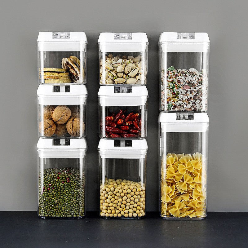 Set 7 Recipiente Depozitare Alimente, Inchidere Ermetica si Design Stivuibil, Plastic Transparent, Capace Albe, 0.5L - 1.9L