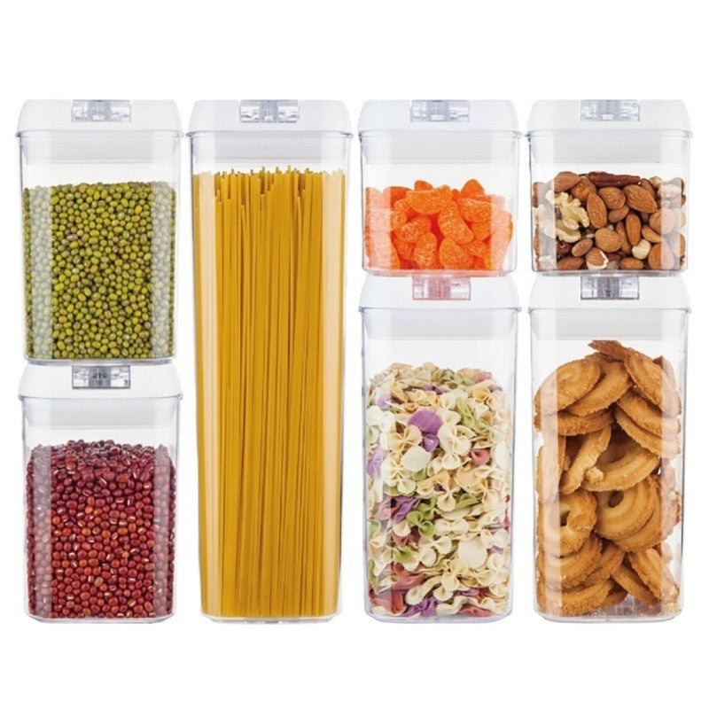 Set 7 Recipiente Depozitare Alimente, Inchidere Ermetica si Design Stivuibil, Plastic Transparent, Capace Albe, 0.5L - 1.9L