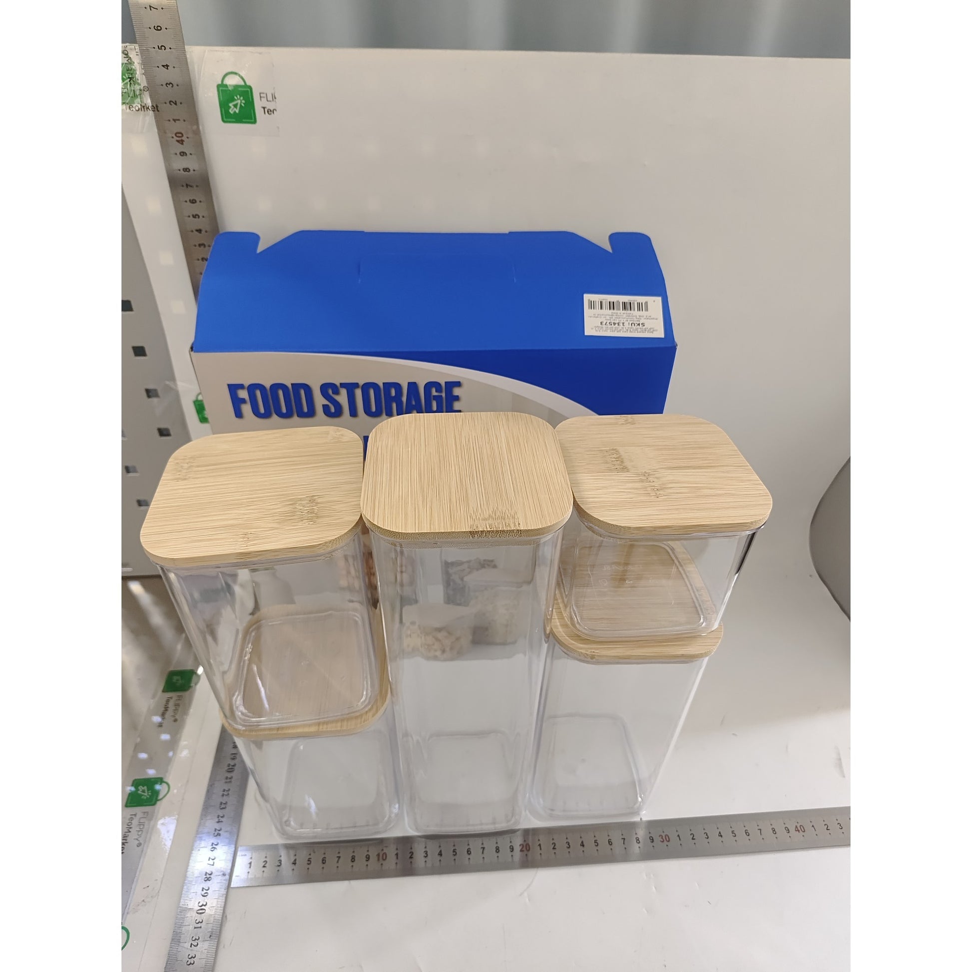 Set 6 Recipiente Depozitare Alimente si Cereale, Containere Hermetice Etanșe, Plastic Transparent, Capac din Lemn de Bambus, 1x 0.5l, 2x 0.8l, 2x 1.2l, 1x 1.9l