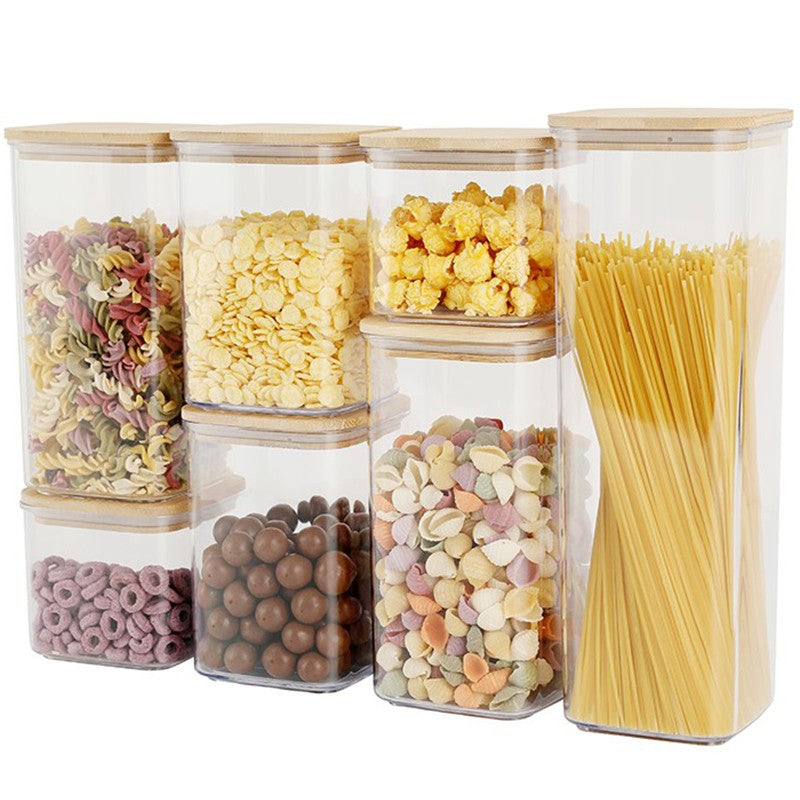 Set 7 Cutii Depozitare Alimente si Cereale, Recipiente Transparente din Plastic cu Capac din Bambus, Inchidere Ermetica, 2x0.5L, 2x0.8L, 2x1.2L, 1x2.5L