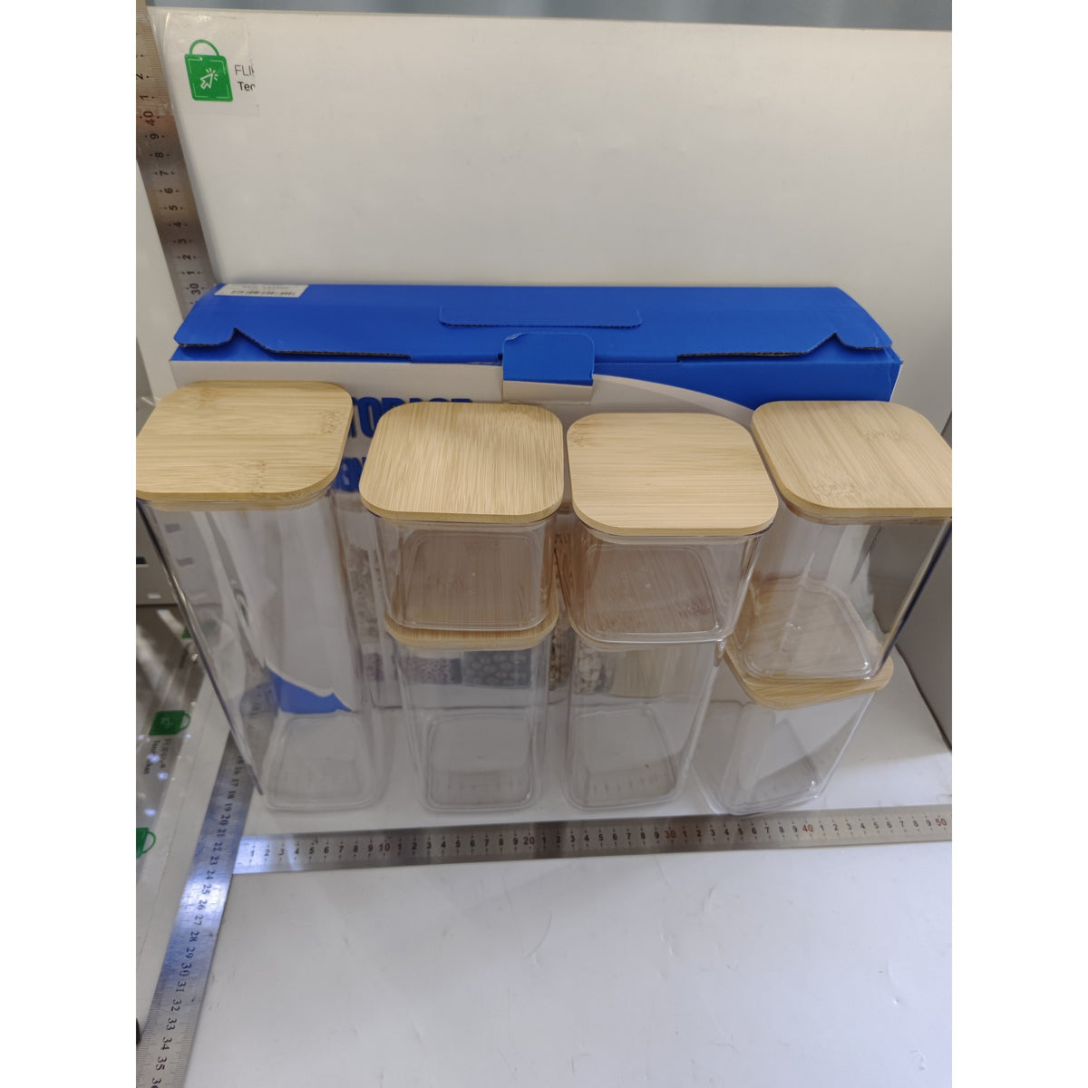Set 7 Cutii Depozitare Alimente si Cereale, Recipiente Transparente din Plastic cu Capac din Bambus, Inchidere Ermetica, 2x0.5L, 2x0.8L, 2x1.2L, 1x2.5L
