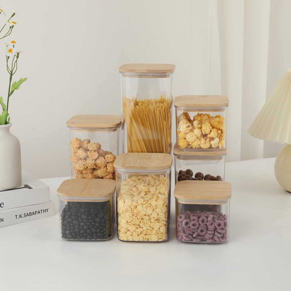 Set 7 Cutii Depozitare Alimente si Cereale, Recipiente Transparente din Plastic cu Capac din Bambus, Inchidere Ermetica, 2x0.5L, 2x0.8L, 2x1.2L, 1x2.5L