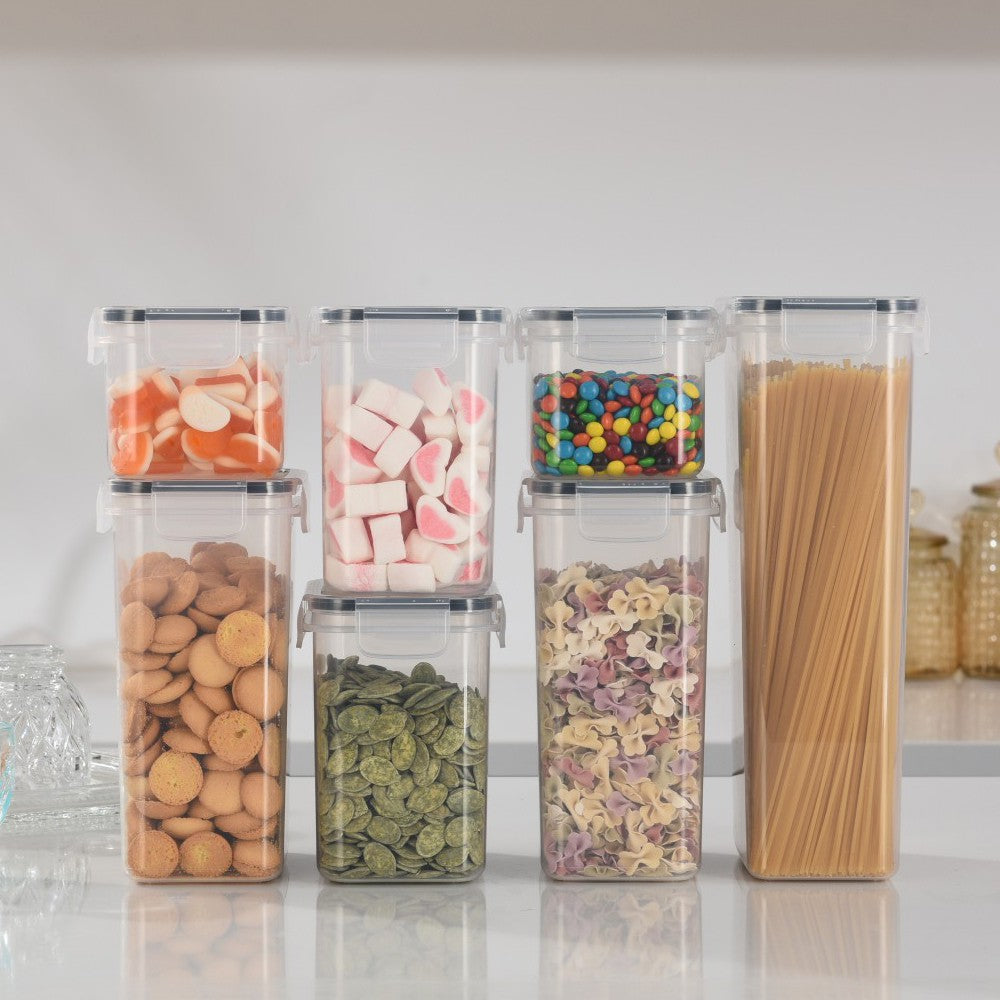 Set 7 Cutii Depozitare Alimente, Organizatoare Bucatarie pentru Condimente si Cereale, Inchidere Ermetica, Plastic PP Fara BPA, Transparent, Diverse Dimensiuni