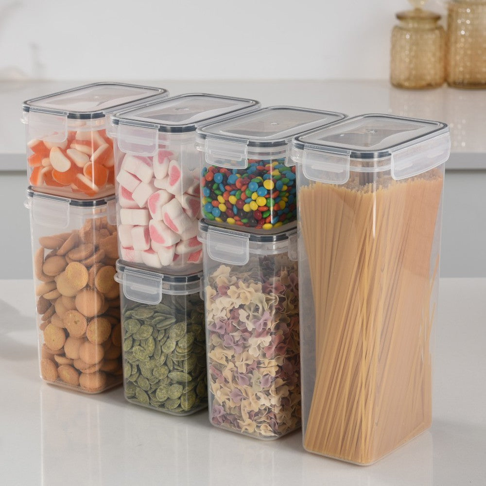 Set 7 Cutii Depozitare Alimente, Organizatoare Bucatarie pentru Condimente si Cereale, Inchidere Ermetica, Plastic PP Fara BPA, Transparent, Diverse Dimensiuni