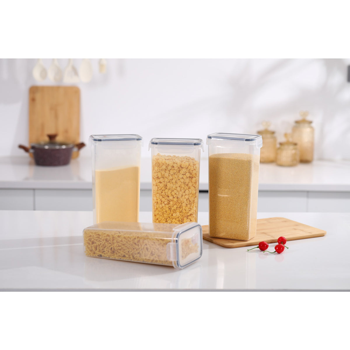 Set 4 Recipiente Depozitare Alimente, Inchidere Ermetica si Design Stivuibil, Plastic PP fara BPA, 4 x 2.8 L, Transparent cu Garnitura Neagra