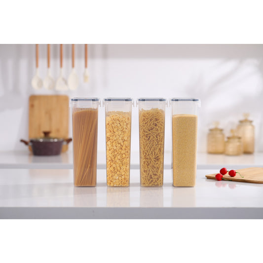 Set 4 Recipiente Depozitare Alimente, Inchidere Ermetica si Design Stivuibil, Plastic PP fara BPA, 4 x 2.8 L, Transparent cu Garnitura Neagra