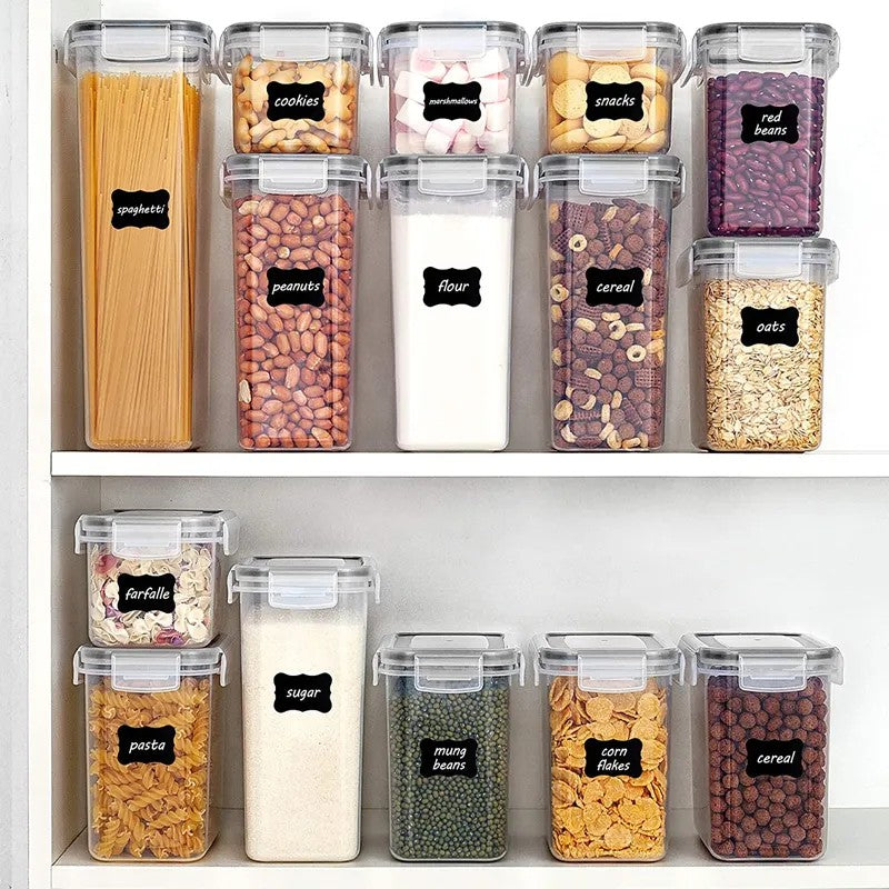 Set 15 Cutii Depozitare Alimente si Condimente, Recipiente Organizare Bucatarie, Plastic PP Fara BPA, Inchidere Ermetica, Transparente, 4 Dimensiuni Mixteturner