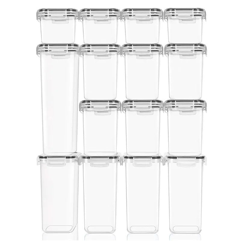 Set 15 Cutii Depozitare Alimente si Condimente, Recipiente Organizare Bucatarie, Plastic PP Fara BPA, Inchidere Ermetica, Transparente, 4 Dimensiuni Mixteturner
