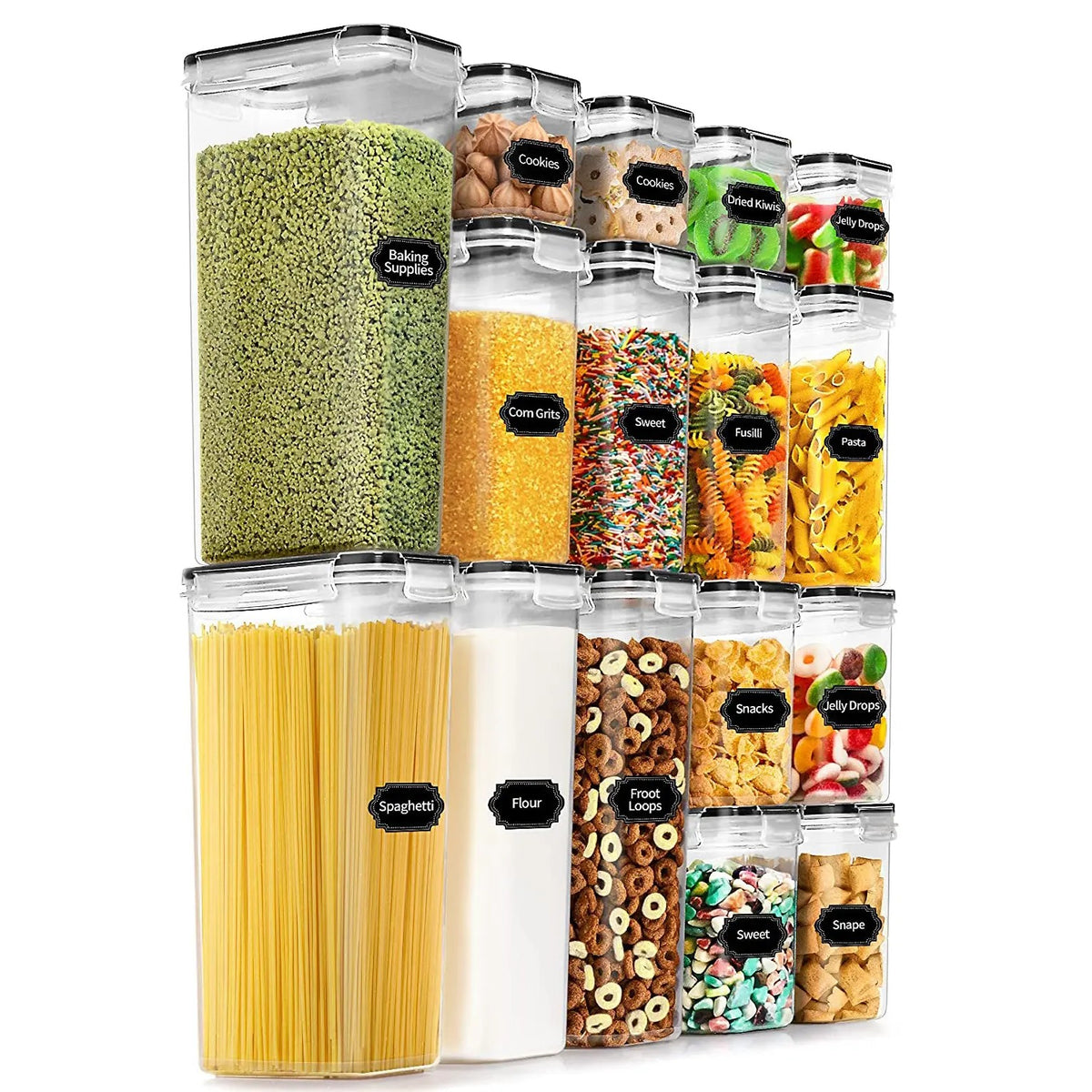Set 16 Cutii Depozitare Alimente si Condimente, Recipiente Organizare Bucatarie pentru Cereale, Plastic PP Fara BPA, Inchidere Ermetica, Mix de Dimensiuni, Transparent