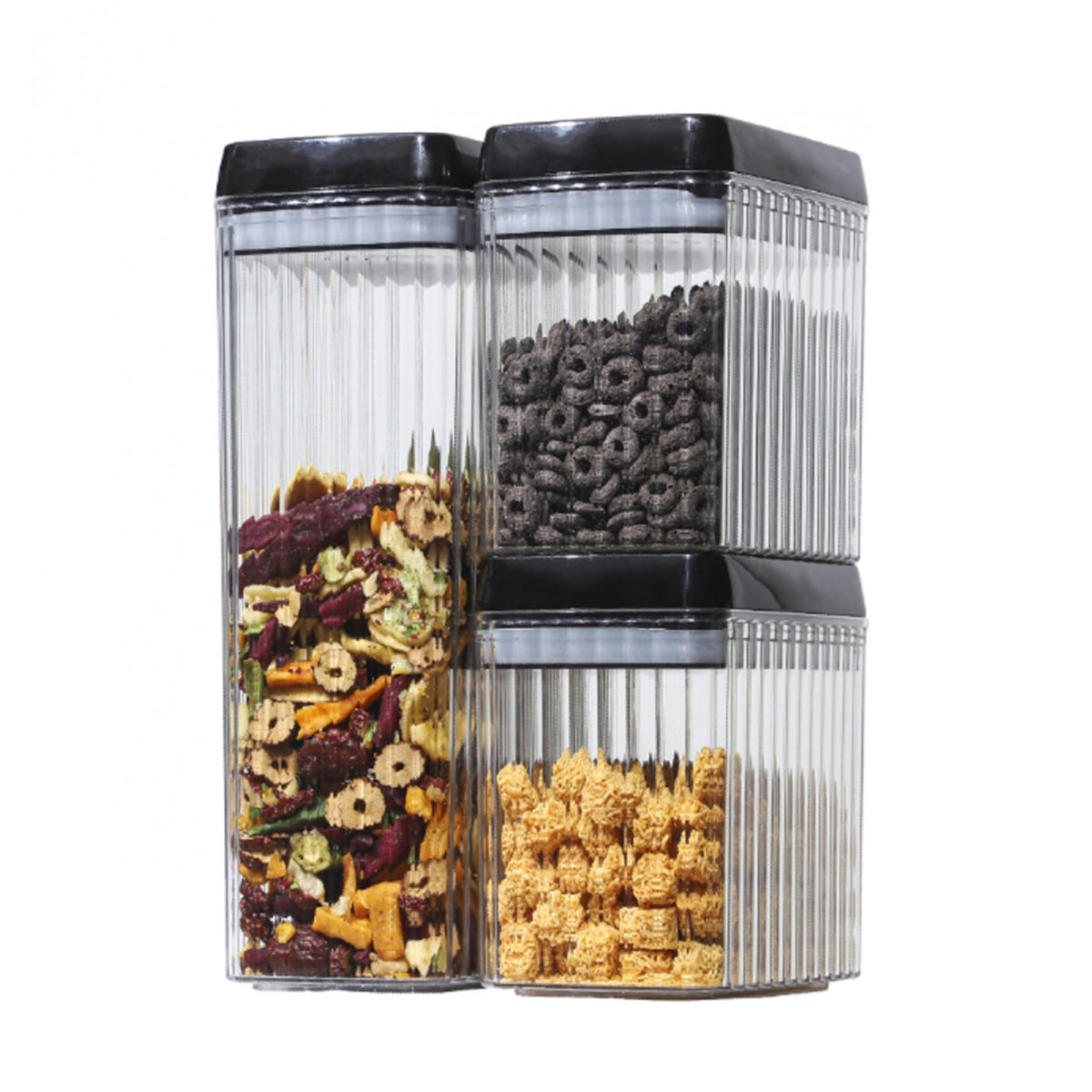 Set 3 Recipiente pentru Alimente, Inchidere Ermetica si Textura Ondulata, Plastic Transparent Stivuibil, 2 x 1.5l si 1 x 3.3l