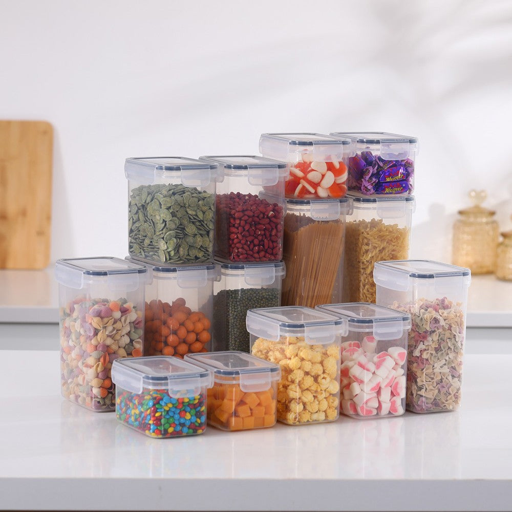 Set 14 Cutii Depozitare Alimente, Recipiente Organizare Bucatarie pentru Condimente si Cereale, Plastic PP fara BPA, Etanșe, Transparente, 4 Dimensiuni Mixte