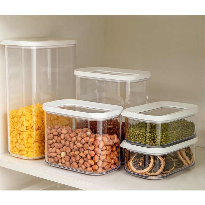 Cutie de Depozitare Alimente, Recipient Organizator Ermetic si Stivuibil, ABS si Silicon, Transparent cu Capac Alb, 450 ml, 14.5 x 9 x 6 cm