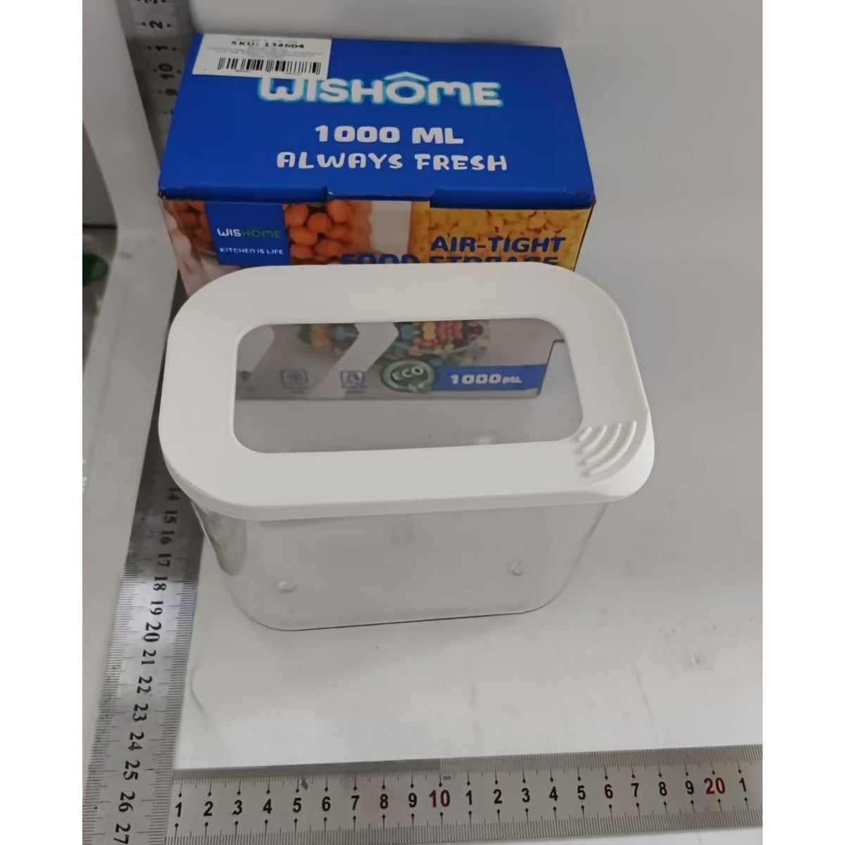 Cutie Depozitare Alimente, Recipient Ermetic si Stivuibil pentru Bucatarie, ABS si Silicon, 1L, Transparent cu Capac Alb, 14.5 x 9 x 11.3 cm