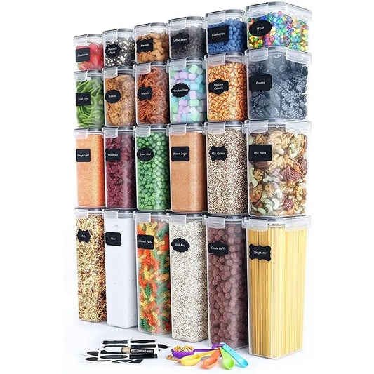 Set 24 Cutii Depozitare Alimente si Condimente, Organizatoare Bucatarie Hermetice, Plastic PP fara BPA, Transparente, Diverse Dimensiuni