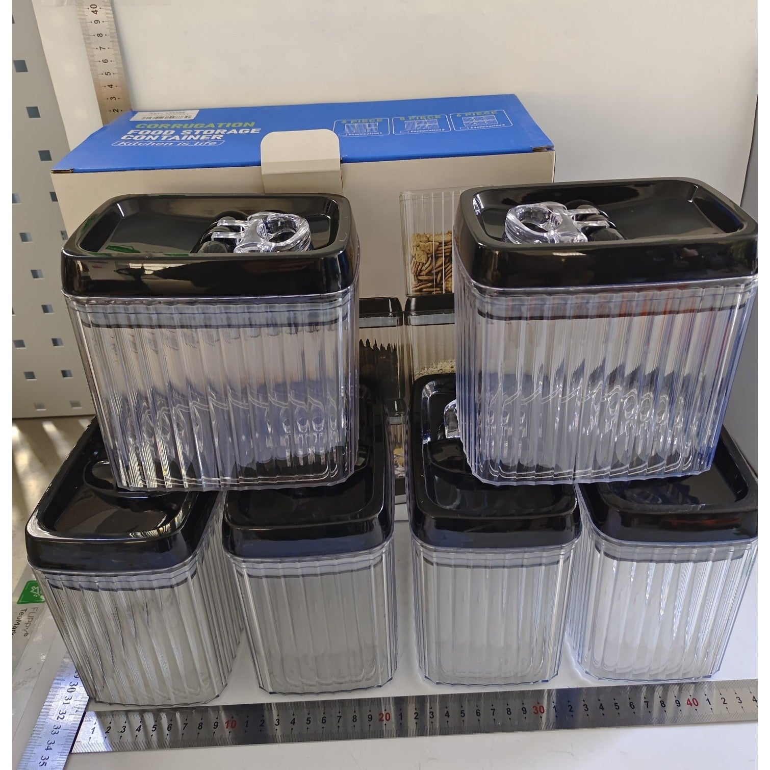 Set 6 Recipiente pentru Alimente, Inchidere Ermetica cu Silicon si Maner, Textura Ondulata, Plastic PP si PET, 6 x 1.5l, Transparent