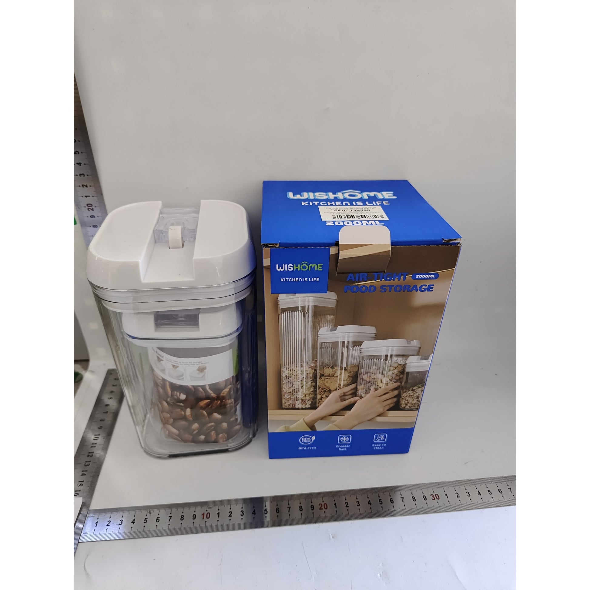 Set 2 Recipiente Depozitare Alimente si Cereale, Containere Organizare Bucatarie, Plastic Transparent, Capace Albe, 0.8 L si 2 L