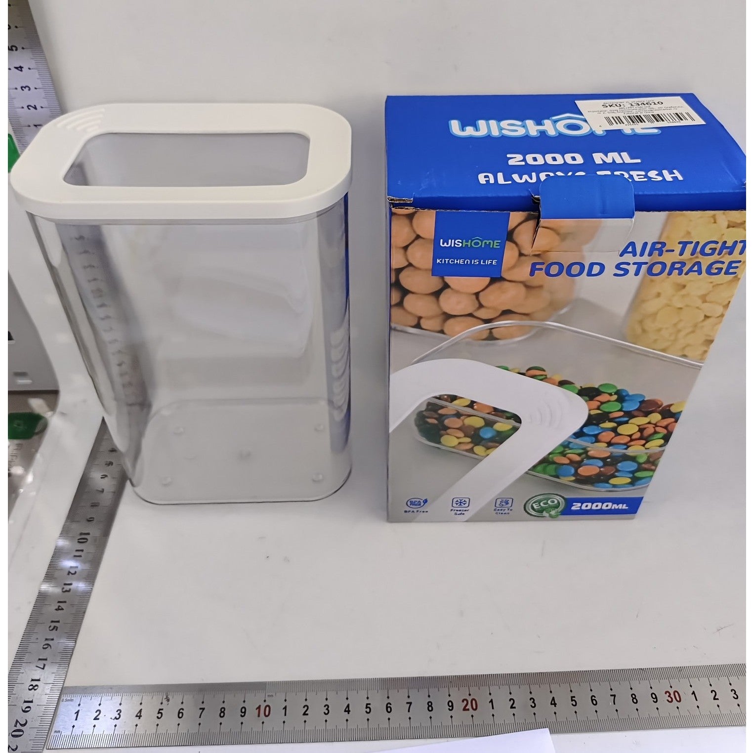Cutie Depozitare Alimente, Recipient Ermetic Stivuibil, Organizator Bucatarie din ABS si Silicon, 2L, Transparent cu Capac Alb, 14.5 x 9 x 22.2 cm