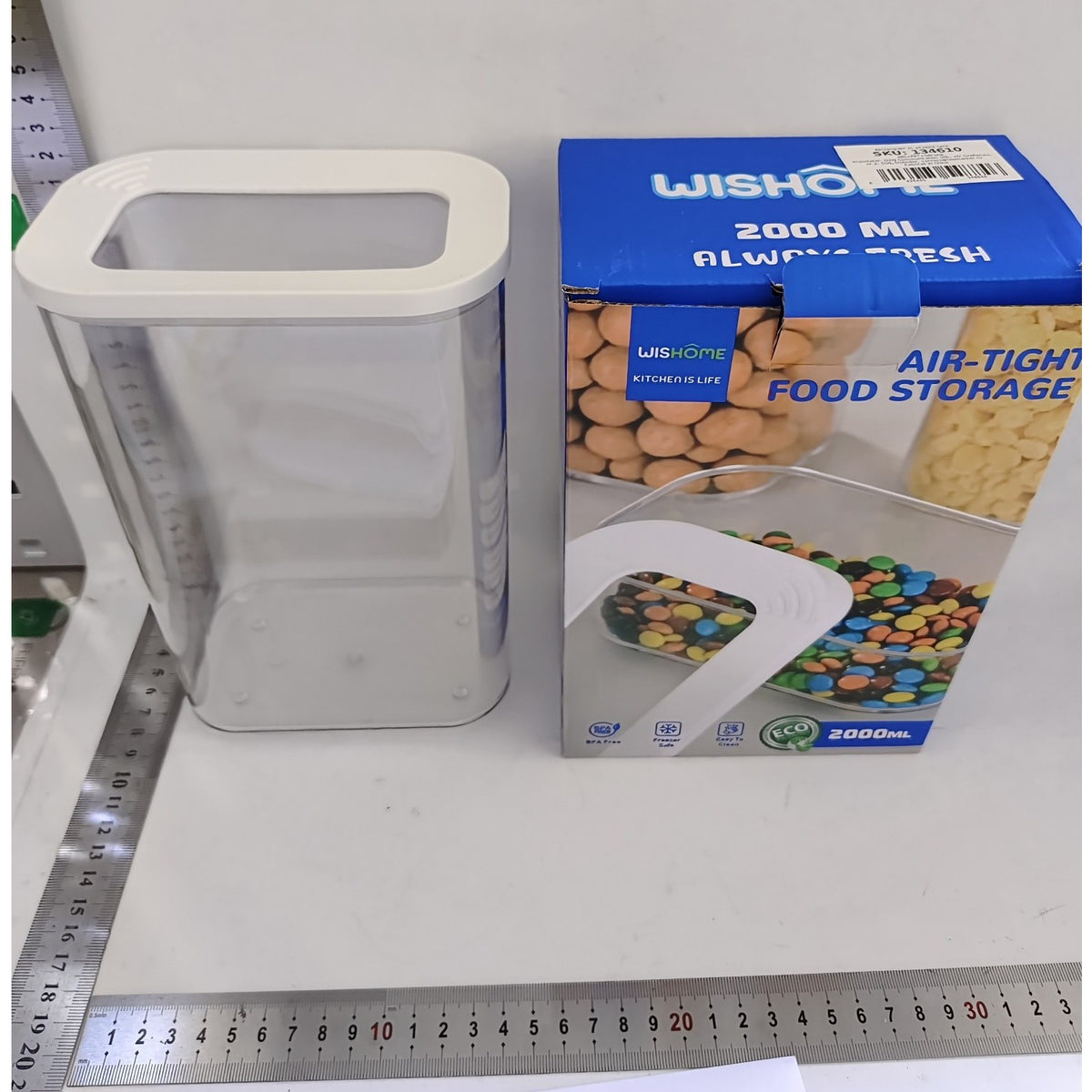 Cutie Depozitare Alimente, Recipient Ermetic Stivuibil, Organizator Bucatarie din ABS si Silicon, 2L, Transparent cu Capac Alb, 14.5 x 9 x 22.2 cm