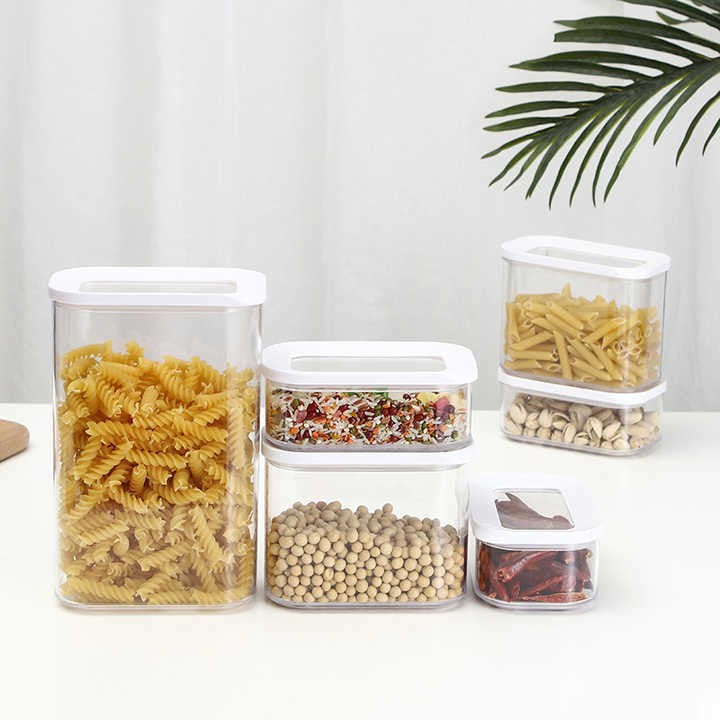 Set Cutii de Depozitare Alimente cu Inchidere Ermetica, Organizator Bucatarie Stivuibil, ABS si Silicon, 5 Piese, Alb si Transparent