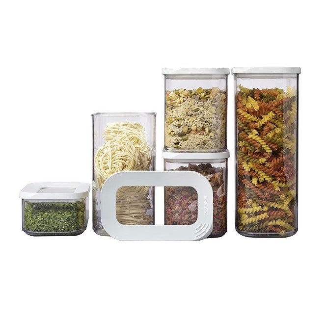 Set Cutii de Depozitare Alimente cu Inchidere Ermetica, Organizator Bucatarie Stivuibil, ABS si Silicon, 5 Piese, Alb si Transparent