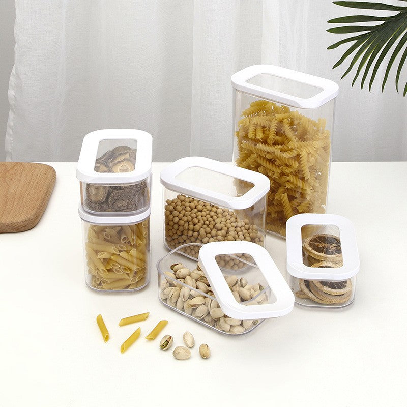 Set Cutii de Depozitare Alimente cu Inchidere Ermetica, Organizator Bucatarie Stivuibil, ABS si Silicon, 5 Piese, Alb si Transparent