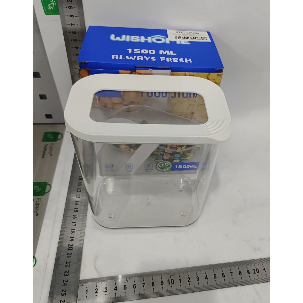 Cutie de Depozitare Alimente, Recipient Ermetic Stivuibil pentru Organizare Bucatarie, Plastic ABS si Silicon, 1.5L, 14.5 x 9 x 16.7 cm, Transparent cu Capac Alb