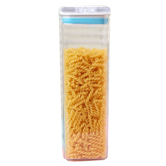 Container Depozitare Alimente si Cereale, Cutie Transparenta cu Capac Ermetic, Plastic Fara BPA, 1.9 L, 10x10x30.5 cm, Alb-Albastru