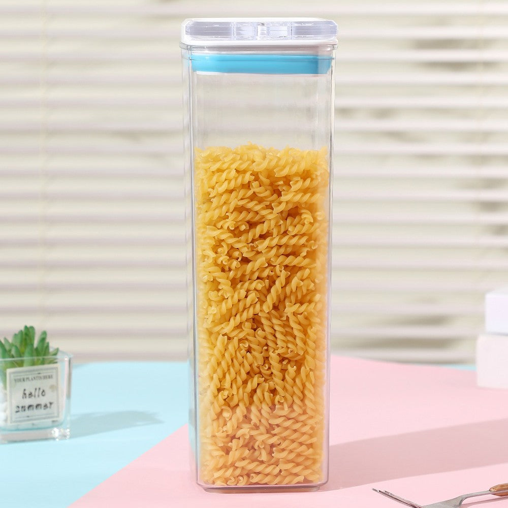Container Depozitare Alimente si Cereale, Cutie Transparenta cu Capac Ermetic, Plastic Fara BPA, 1.9 L, 10x10x30.5 cm, Alb-Albastru