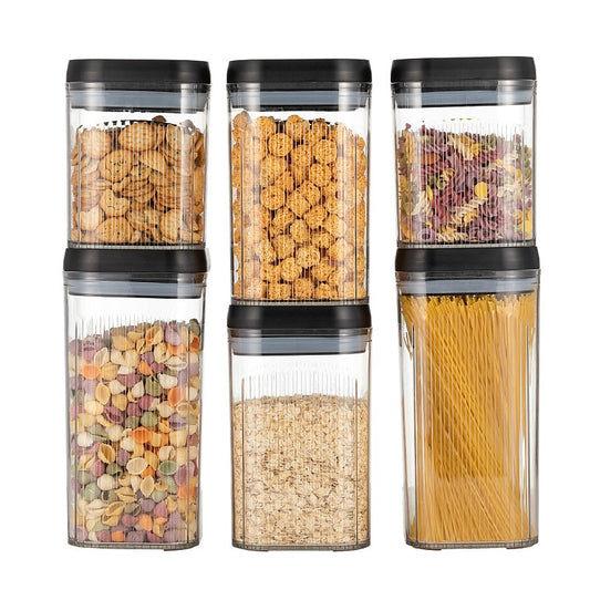 Set 6 Recipiente Depozitare Alimente si Cereale, Containere Transparente cu Capac Ermetic Negru, Plastic fara BPA, 2 x 2.5 L, 2 x 2 L, 2 x 1.7 L
