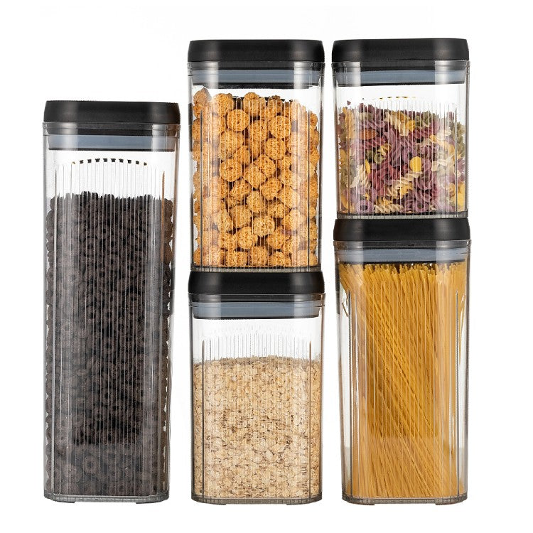 Set 5 Recipiente Depozitare Alimente si Cereale, Containere Organizare Bucatarie cu Capac Etans, Plastic Transparent, Capace Negre, 1.3L - 3.7L