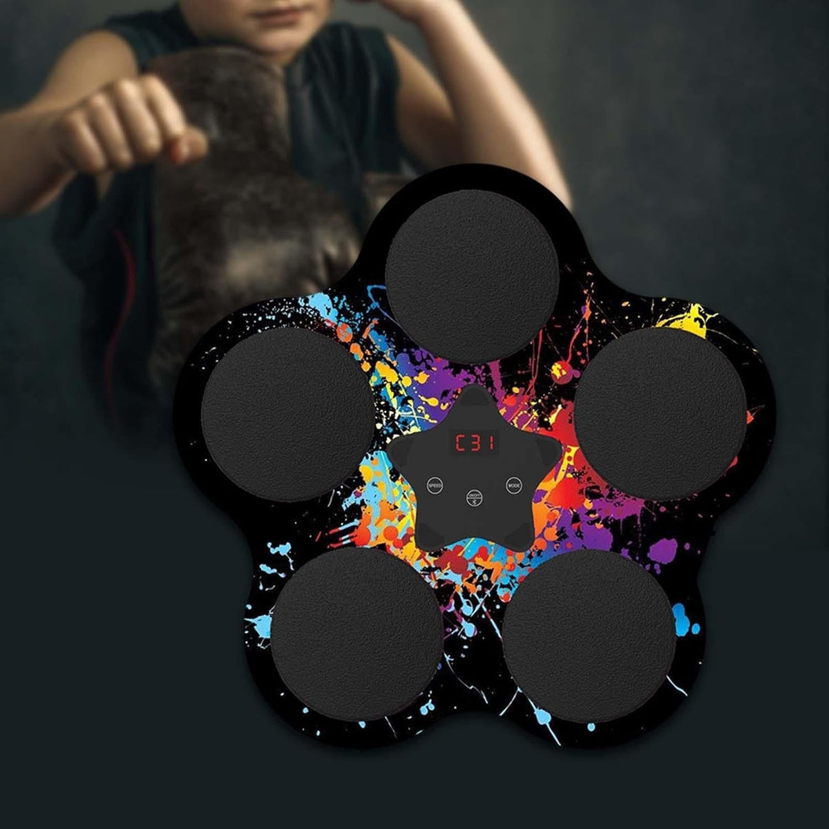 Aparat de Box Interactiv cu Muzica si Lumini, Bluetooth 4.1, 5 Tinte pentru Reflexe, Antrenament Fitness cu Afisaj Digital, Material PU si ABS, Montare cu Ventuze, Incarcare USB, Negru, 40x38x8 cm