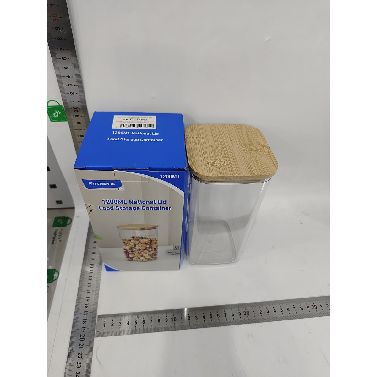 Container Depozitare Alimente și Cereale, Design Etanș cu Capac din Bambus, Plastic Transparent, 10 x 10 x 19 cm, 1.2 L