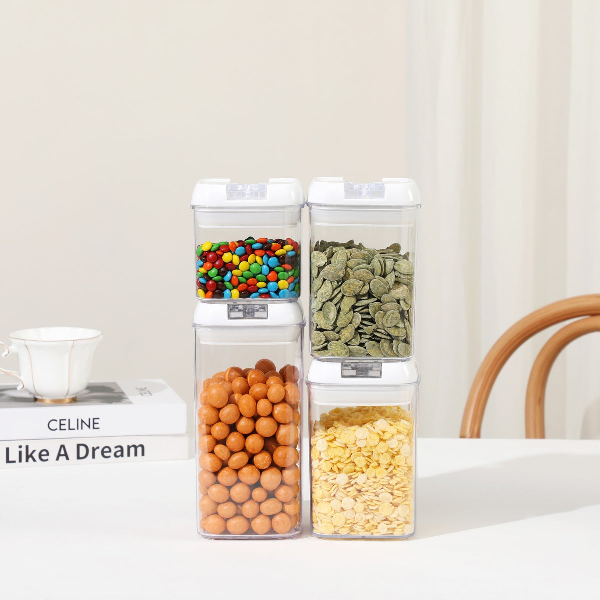 Set 4 Recipiente Depozitare Alimente si Condimente, Containere Organizare Bucatarie, Inchidere Ermetica, Plastic PP, Transparent, 1.0L, 1.7L, 2.3L