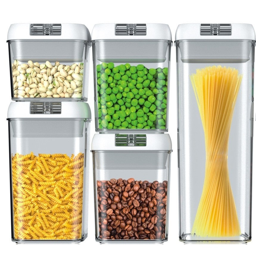 Set 5 Recipiente Depozitare Alimente si Condimente, Organizatoare Bucatarie cu Inchidere Ermetica, Plastic Transparent, Capace Albe, 0.5L - 1.9L