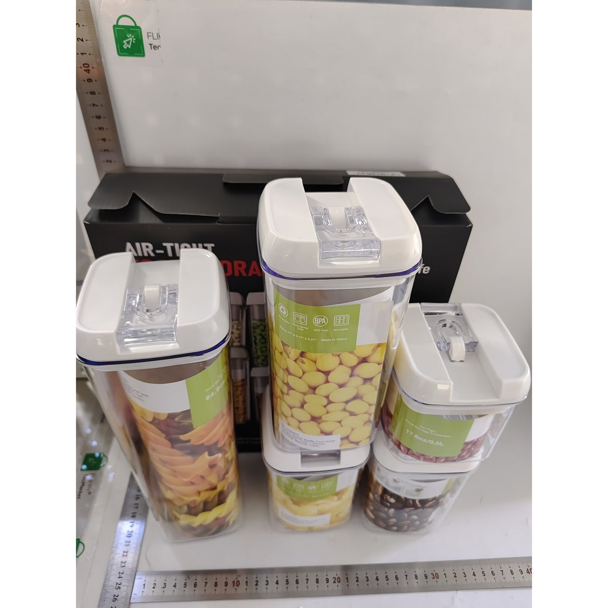 Set 5 Recipiente Depozitare Alimente si Condimente, Organizatoare Bucatarie cu Inchidere Ermetica, Plastic Transparent, Capace Albe, 0.5L - 1.9L