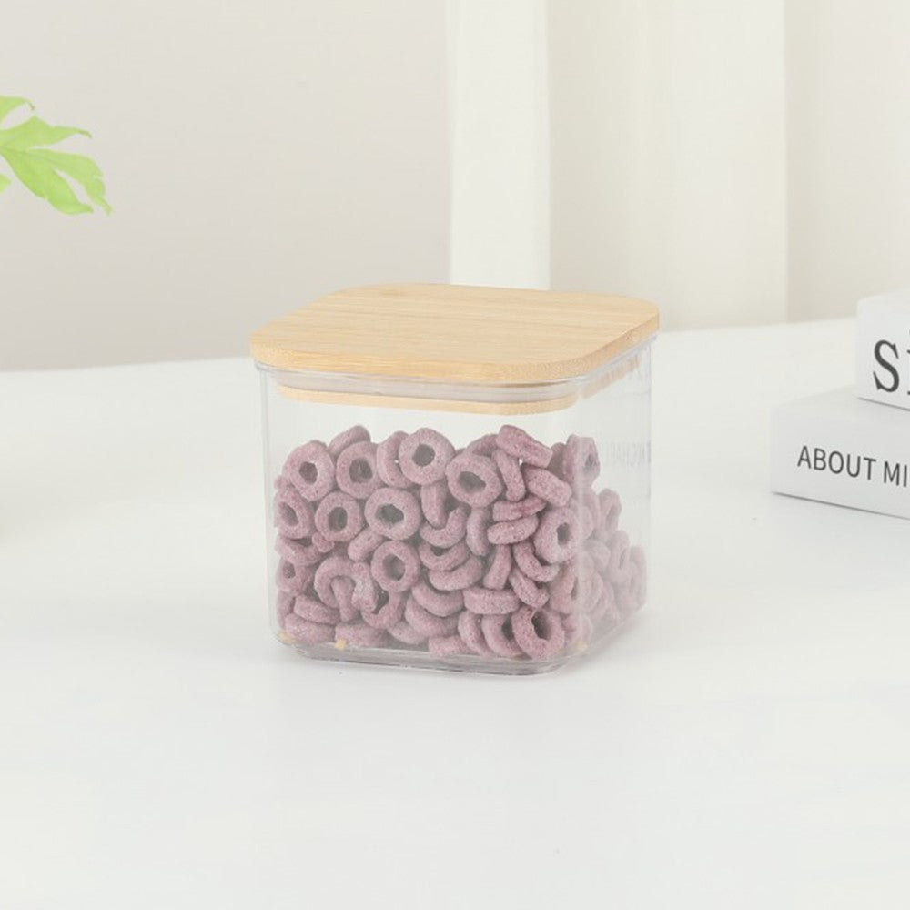 Cutie Depozitare Alimente si Cereale, Container Transparent din Plastic, Capac Etans din Bambus, 0.5 L, 10 x 10 x 8 cm