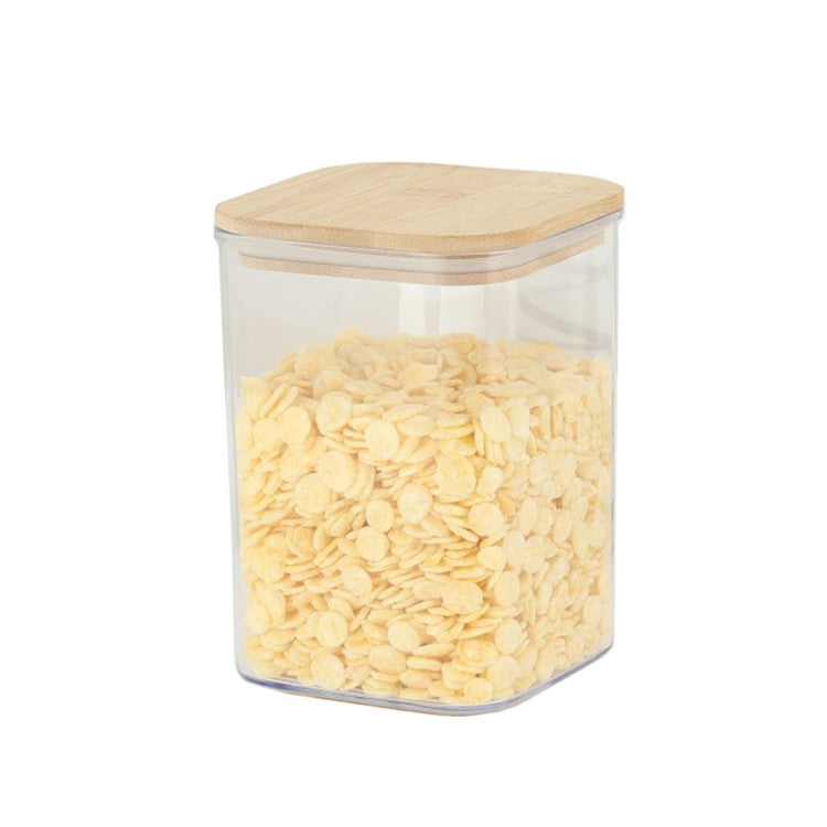 Container Depozitare Alimente si Cereale, Capac Etans din Bambus, Plastic Transparent, 0.8 L, 10 x 10 x 14 cm