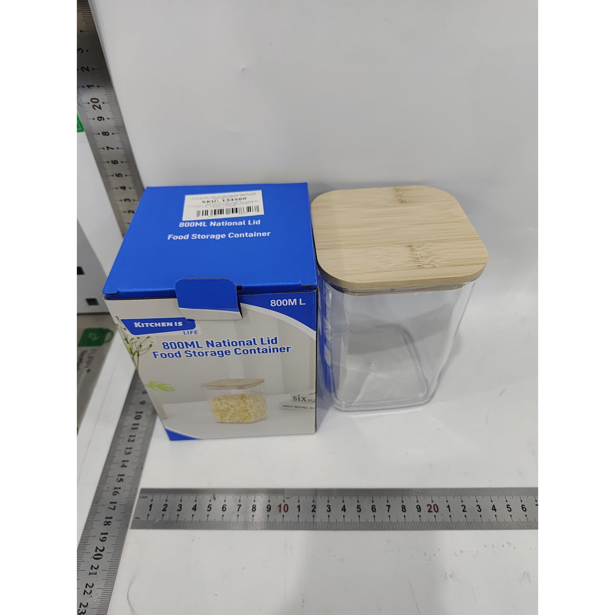 Container Depozitare Alimente si Cereale, Capac Etans din Bambus, Plastic Transparent, 0.8 L, 10 x 10 x 14 cm
