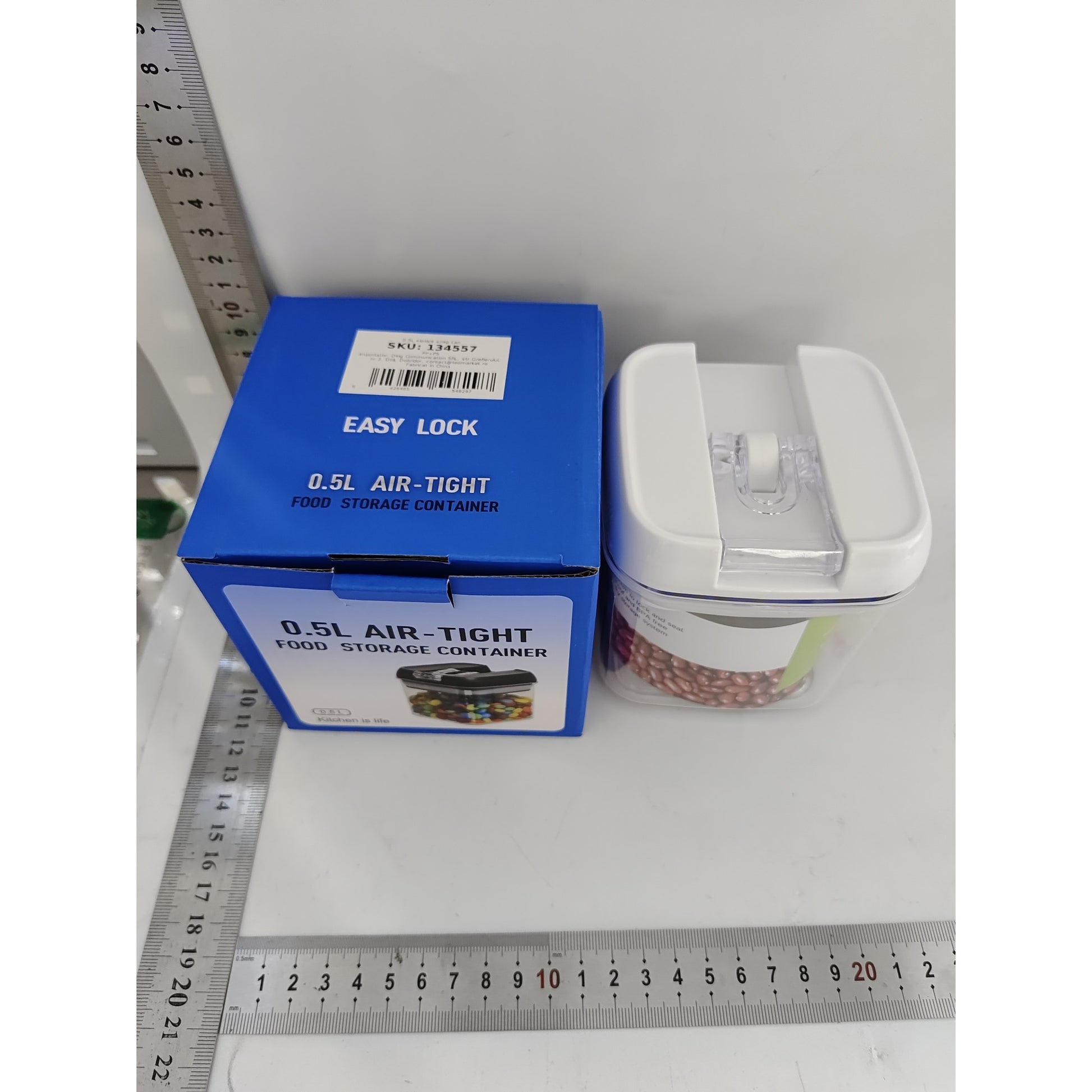 Cutie Depozitare Alimente, Container Bucatarie pentru Cereale, Inchidere Ermetica cu Capac, Plastic Transparent, 0.5 L, 10.5 x 10 x 10 cm, Alb