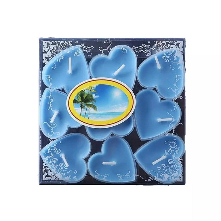 Set 9 Lumanari Parfumate Inima, Ardere 3.5-4 Ore, Aroma Tropicala, Parafina, 4 x 2 cm, Albastru