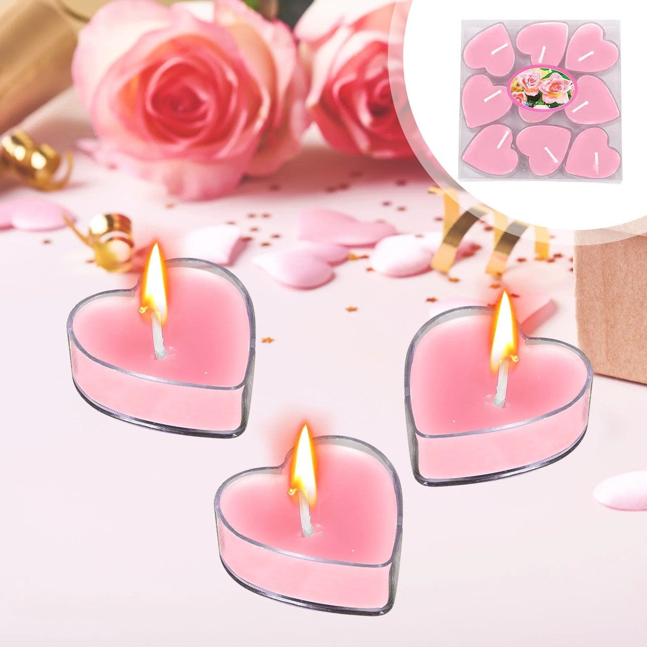 Set 9 Lumanari Parfumate in Forma de Inima, Aroma Trandafiri, Timp de Ardere 4 Ore, Material Parafina, 4 x 2 cm, Roz
