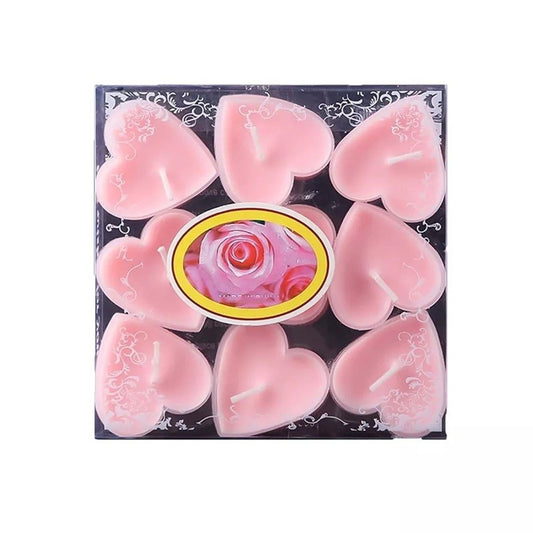 Set 9 Lumanari Parfumate in Forma de Inima, Aroma Trandafiri, Timp de Ardere 4 Ore, Material Parafina, 4 x 2 cm, Roz